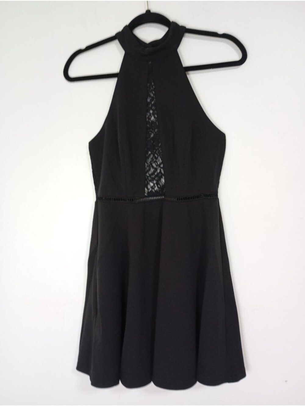 Lulus Black Halter Mini Dress With Lace Accent - Size Medium